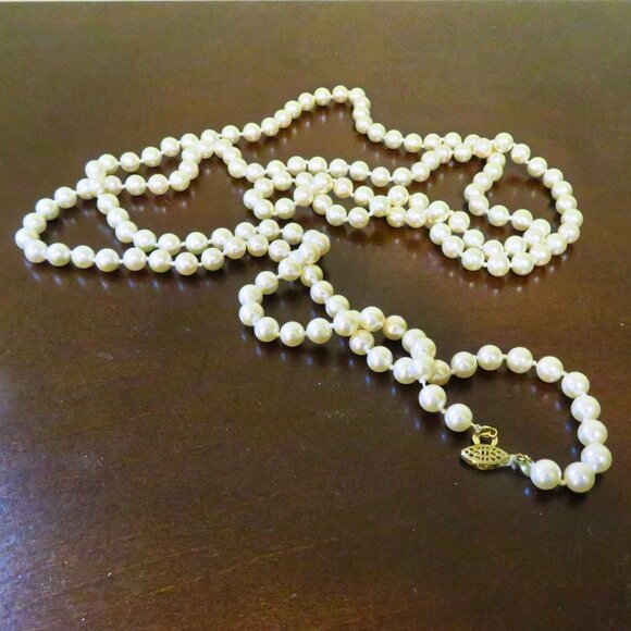 Vintage RMN 60" Opera Length Knotted Lustrous Faux Pearl Single Strand Necklace - Picture 5 of 8